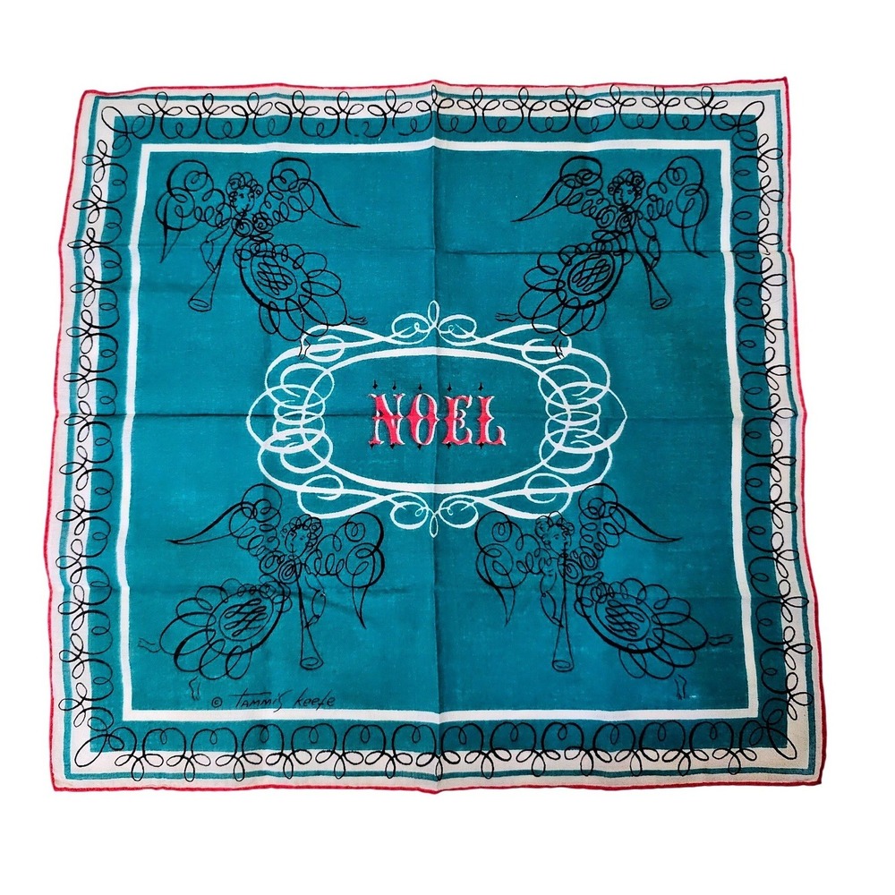 Vintage Tammis Keefe Noel‎ Angels Christmas Silk Scarf Teal Red  Handkerchief